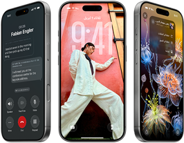 3 موديلات iPhone&nbsp;17&nbsp;Pro، الجزء الأمامي الخارجي، جنباً إلى جنب، تعرض نظام iOS&nbsp;26، وتأثير Liquid&nbsp;Glass، وميزة Apple&nbsp;Intelligence‏